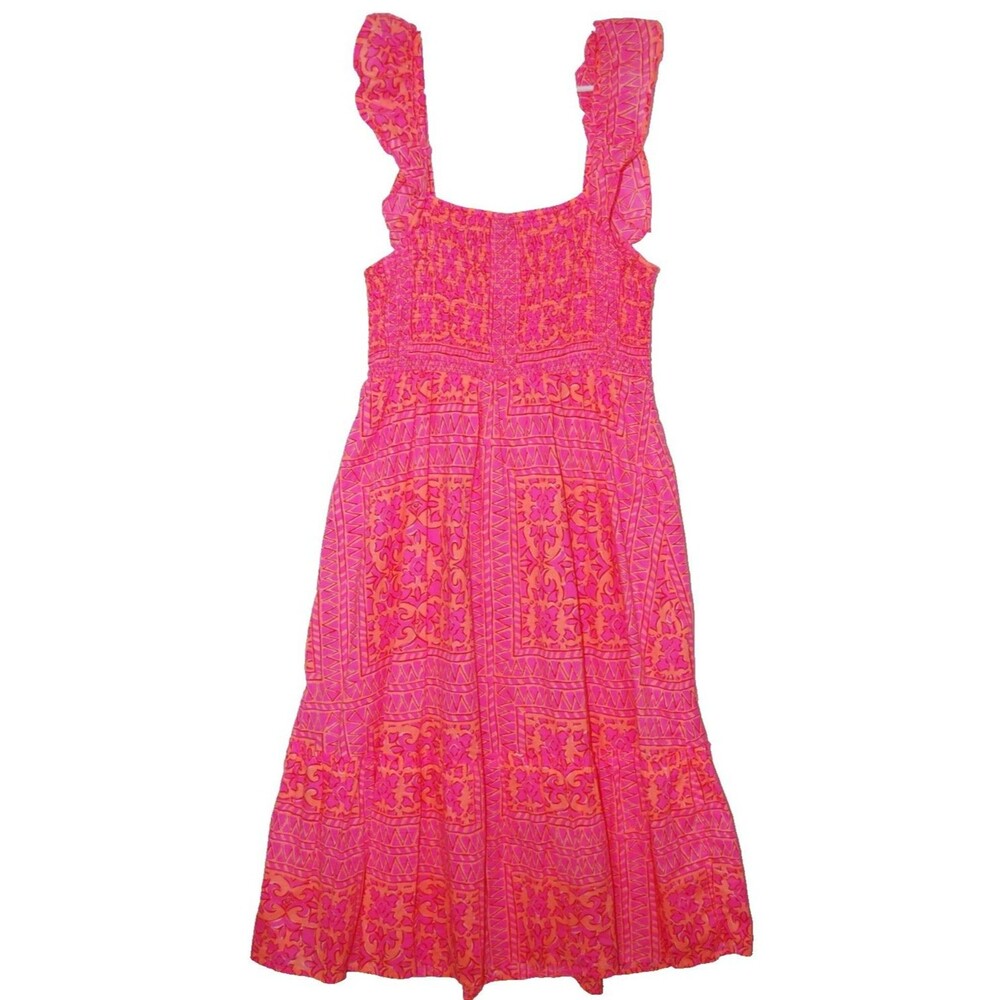 Vineyard Vines Womens Medium Smocked Midi Dress Neon Tortola Pink Orange Neon